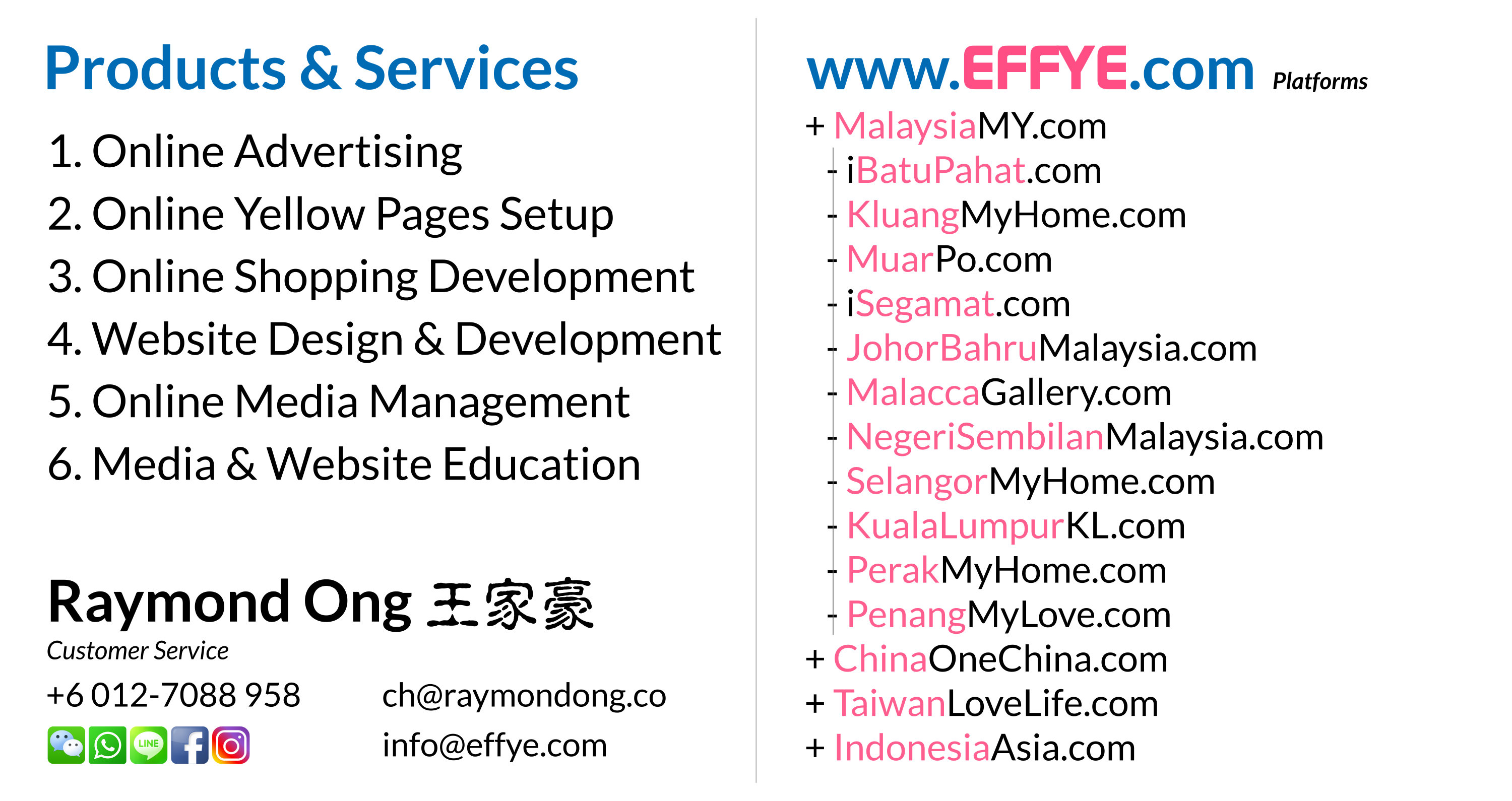 Effye Media Customer Services Raymond Ong Chia How Online Advertising Website Design Development and Education Media Management Malaysia Taiwan Singapore Indonesia China United States A02